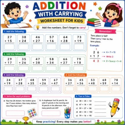 Addition With Carrying Worksheet for Kids
