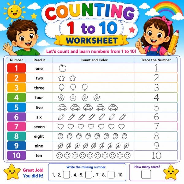 Counting 1 to 10 Worksheet for Kids
