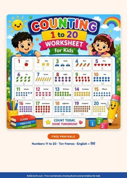 Counting 1 to 20 Worksheet for Kids Worksheet