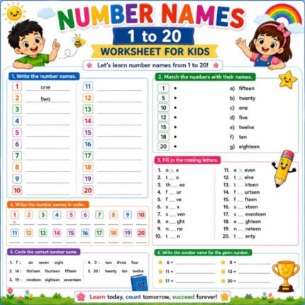 Number Names 1 to 20 Worksheet for Kids