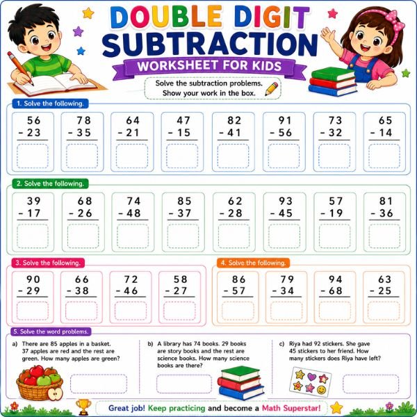 Double Digit Subtraction Worksheet for Kids Double Digit Subtraction Worksheet for Kids