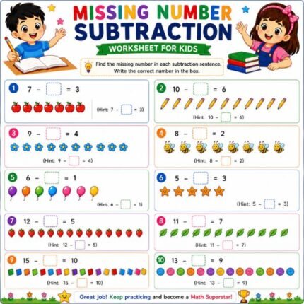 Missing Number Subtraction Worksheet for Kids