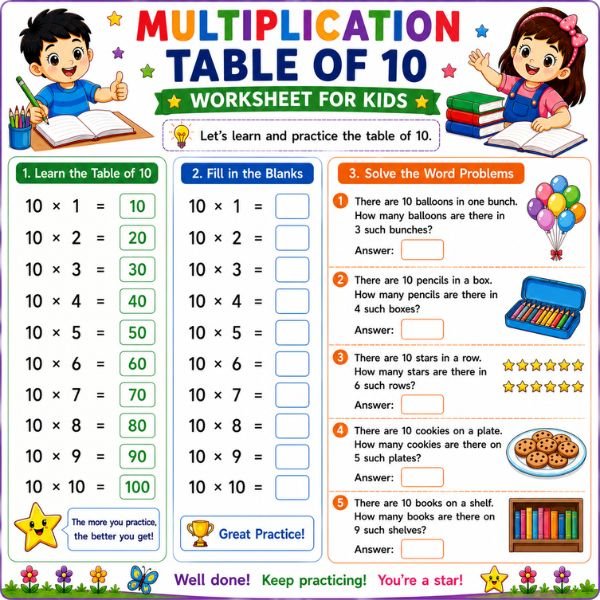 Multiplication Table of 10 Worksheet for Kids Multiplication Table of 10 Worksheet for Kids
