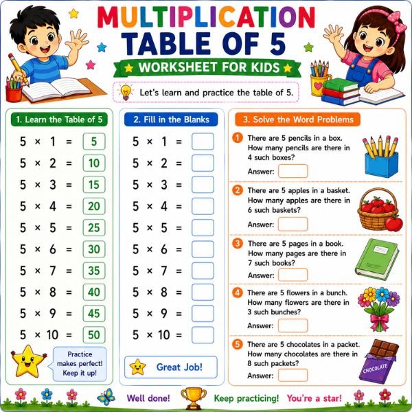 Multiplication Table of 5 Worksheet for Kids Multiplication Table of 5 Worksheet for Kids