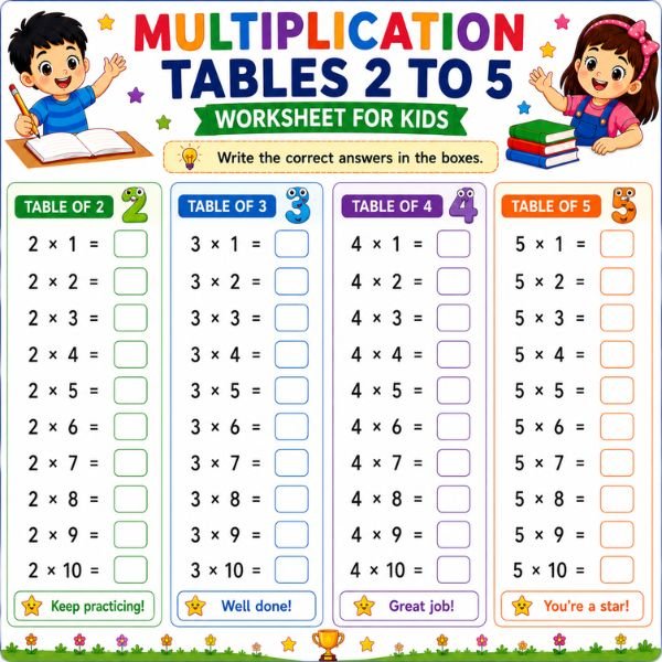 Multiplication Tables 2 to 5 Worksheet for Kids Multiplication Tables 2 to 5 Worksheet for Kids