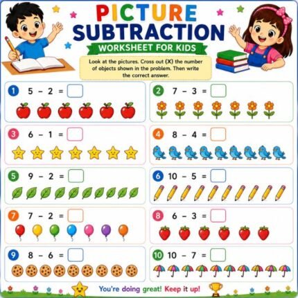 Picture Subtraction Worksheet for Kids