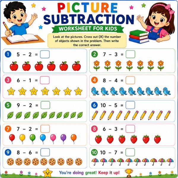 Picture Subtraction Worksheet for Kids Picture Subtraction Worksheet for Kids