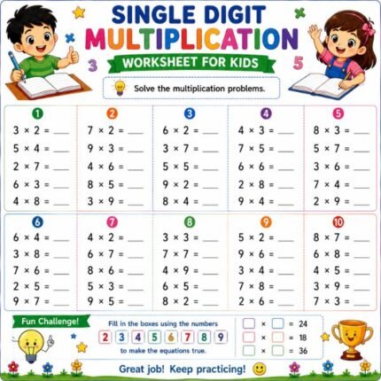 Single Digit Multiplication Worksheet for Kids