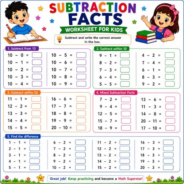 Subtraction Facts Worksheet for Kids Subtraction Facts Worksheet for Kids