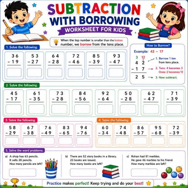 Subtraction With Borrowing Worksheet for Kids Subtraction With Borrowing Worksheet for Kids
