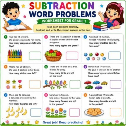Subtraction Word Problems Worksheet for Grade 1