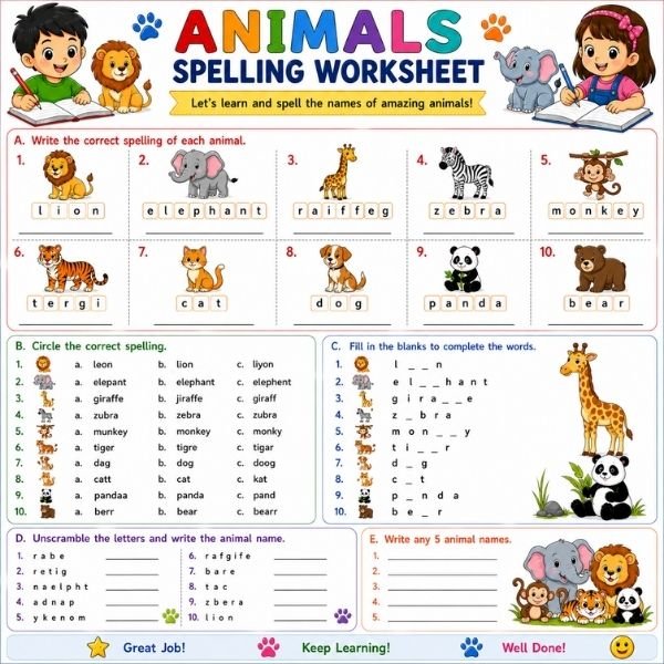 Animals Spelling Worksheet for Kids