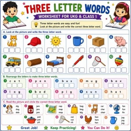 Three Letter Words Worksheet for UKG & Class 1