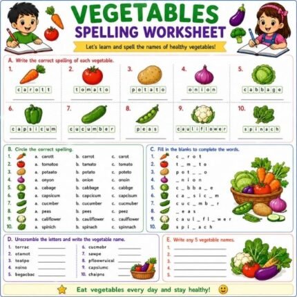 Vegetables Spelling Worksheet for Kids