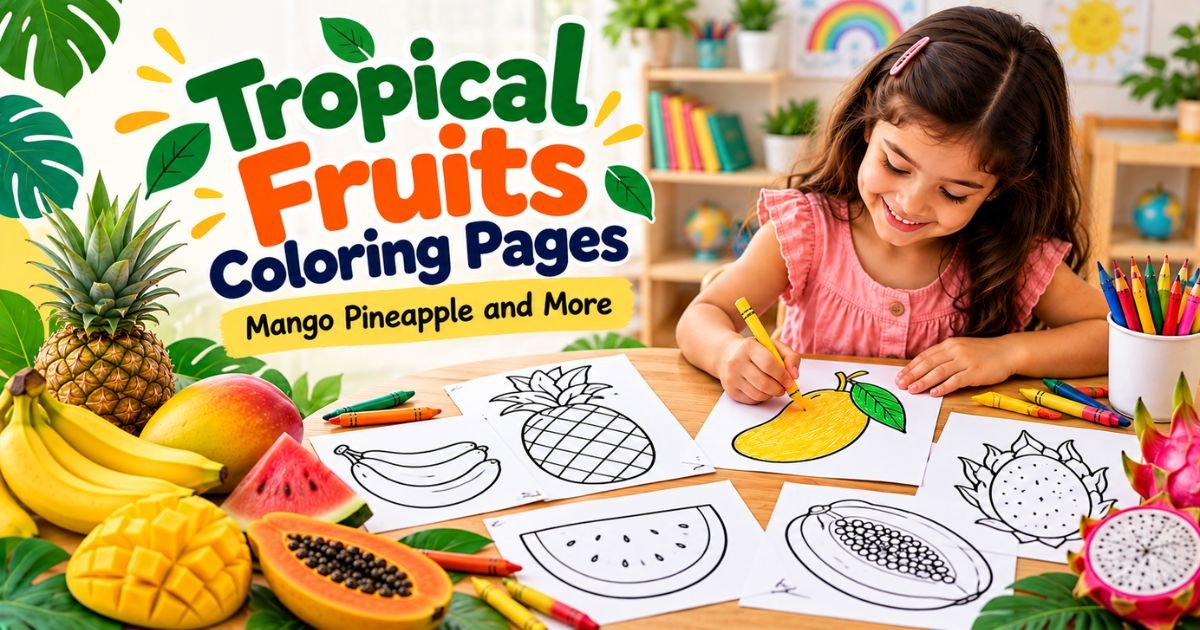 Tropical Fruits Coloring Pages — Mango Pineapple and More