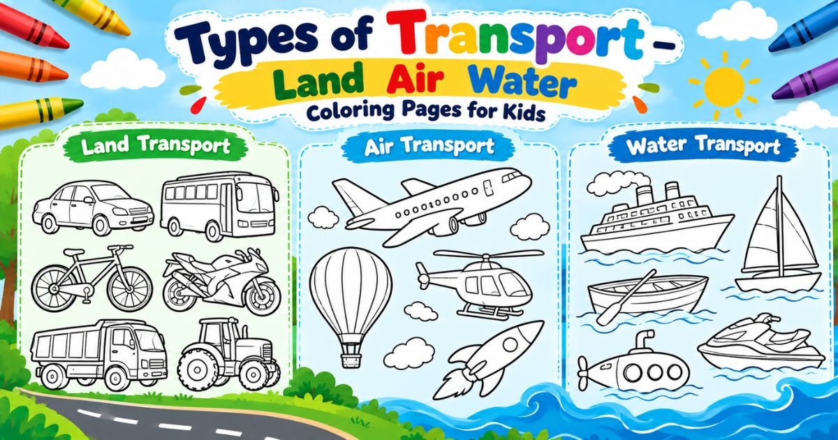 Types of Transport — Land Air Water Coloring Pages for Kids